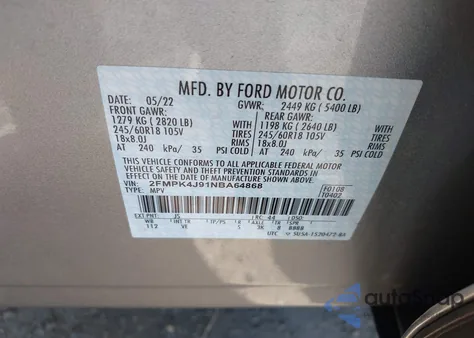 2022 Ford Edge Sel z USA, uszkodzony, nr VIN 2FMPK4J91NBA64868